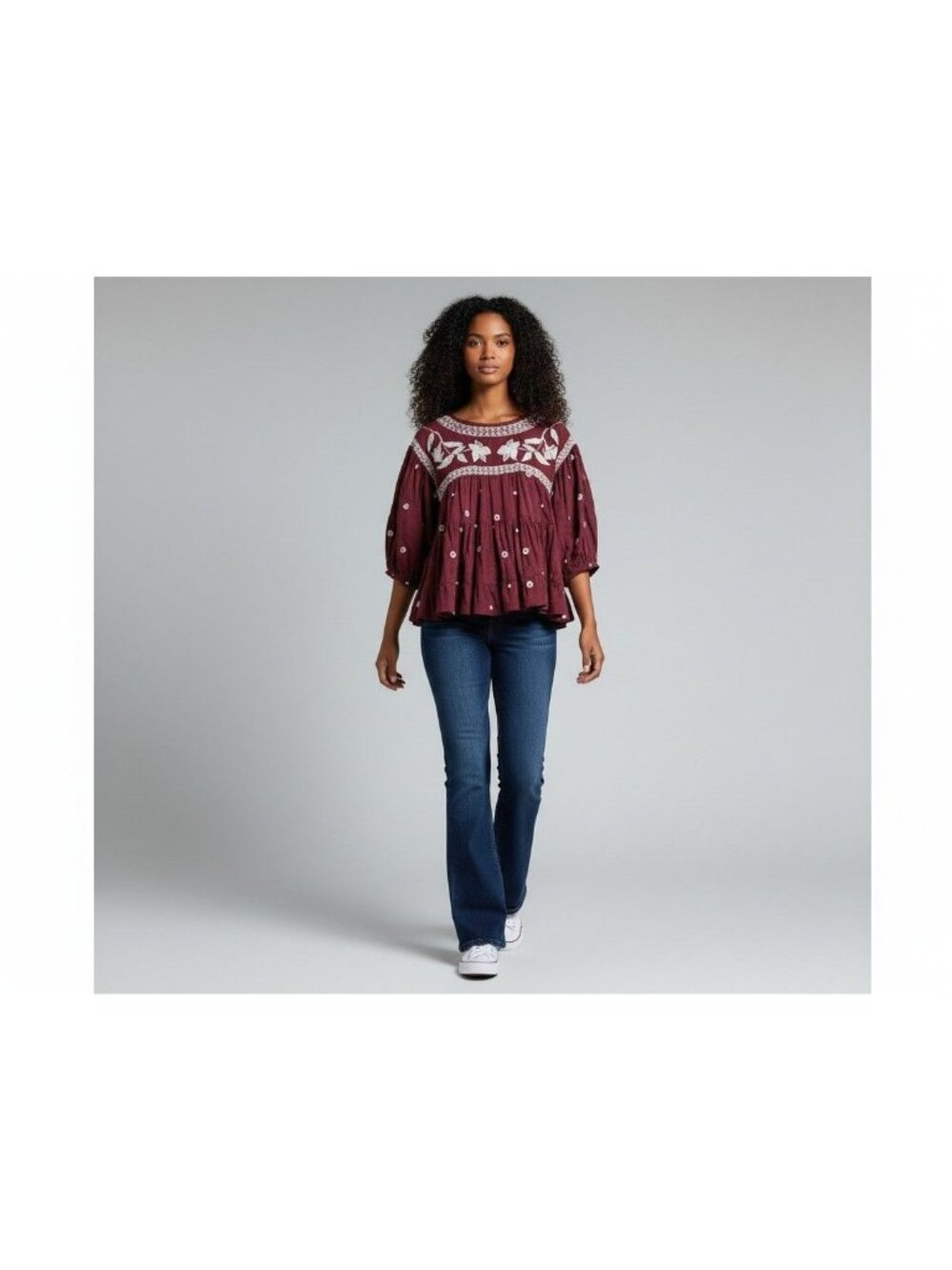 Free People Edie Boho Embroidered Top Tunic Raisin Combo XS